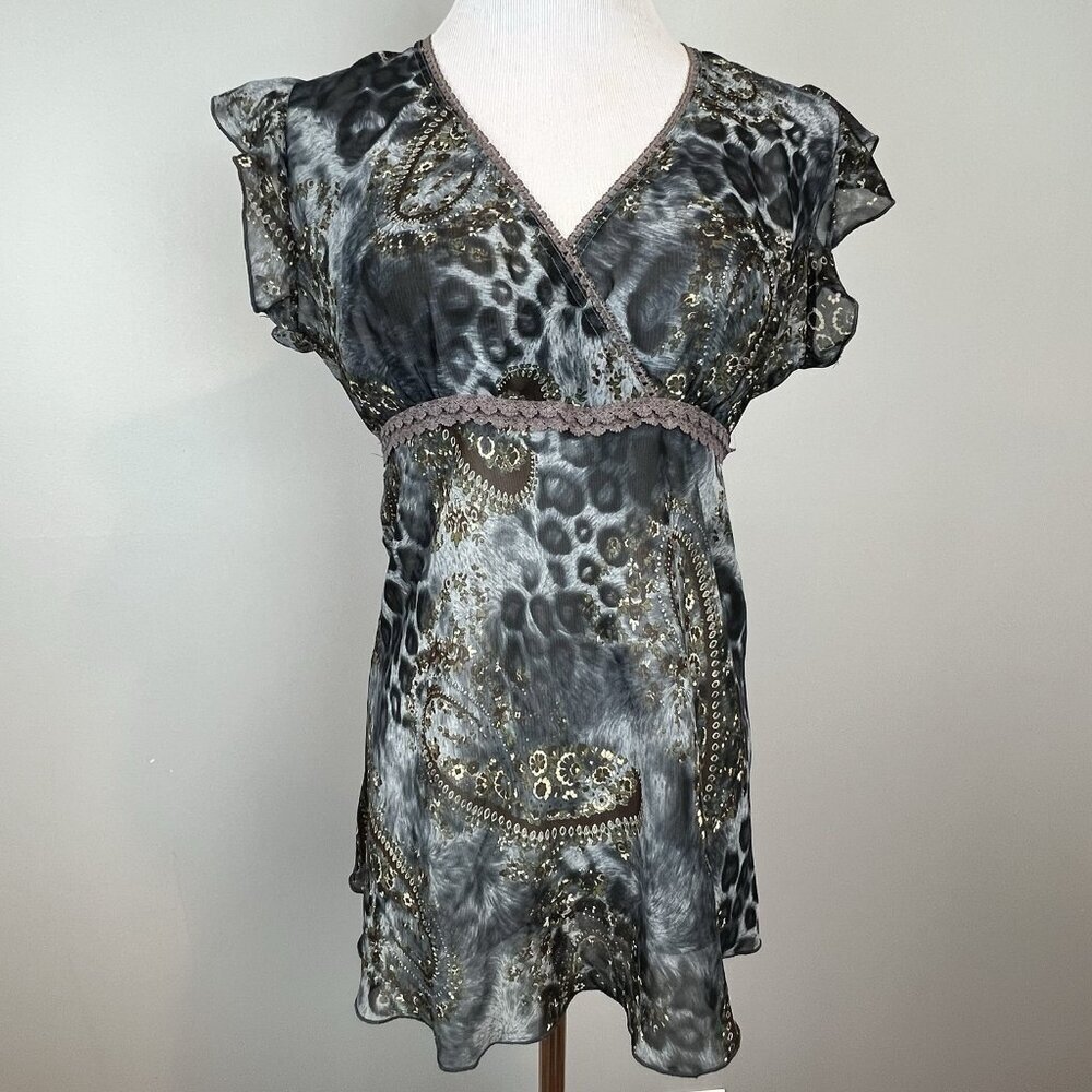 Vtg 90s Y2K Babydoll Blouse Juniors Size‎ Large Fairycore Blue Sheer Going Out